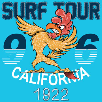 Illustration Rooster Surfer with Surfboard and Text Surf Tour California fashion style