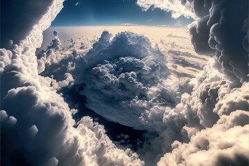 Naklejka premium a view of a cloud filled sky from a plane window with a view of the earth below it and the clouds below it, with a bright blue sky and white clouds below the clouds.