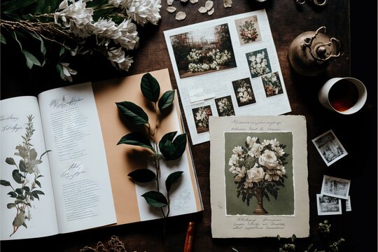 a table with a bunch of flowers and pictures on it and a book with a picture of a vase of flowers on it and a teapot with a teapot and a cup on the table.