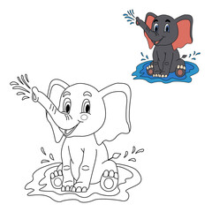 Baby elephant playing in puddle for coloring book