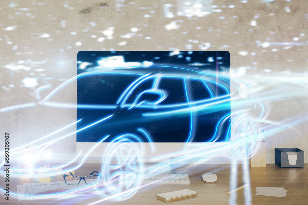 Poster Desktop computer background in office with automobile hologram drawing. Multi exposure. Tech concept.