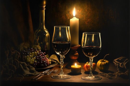 a painting of a candle, wine glasses, and a plate of grapes on a table with a candle in the middle of the picture and a plate with a candle on the table with a plate.