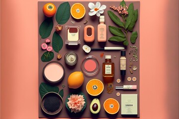 a pink background with a variety of cosmetics and flowers on it, including oranges, and other items, including a bottle of perfume, a flower, and a bottle of lotion.
