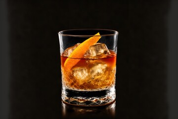 a glass of alcohol with an orange slice on the rim of it and ice cubes in the glass on the side of the glass, on a black background with a black background with a.