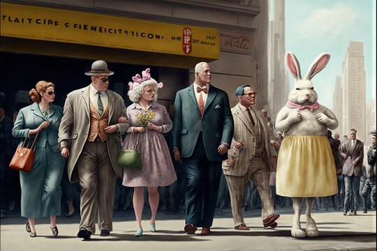 a painting of a group of people walking down a street with a bunny in the middle of the street and a man in a suit and tie and tie with a hat and tie on the side.
