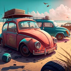 A lot of small cars relaxing on the beach, created with Generative AI technology