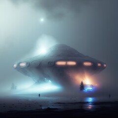 Fototapeta na wymiar Alien starship barely visible in a fog, created with Generative AI technology