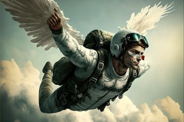 angel skydiving, concept of not using abilities that you have, created with Generative AI technology