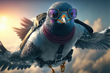 Badass pigeon skydiving, concept of not using abilities that you have, created with Generative AI technology