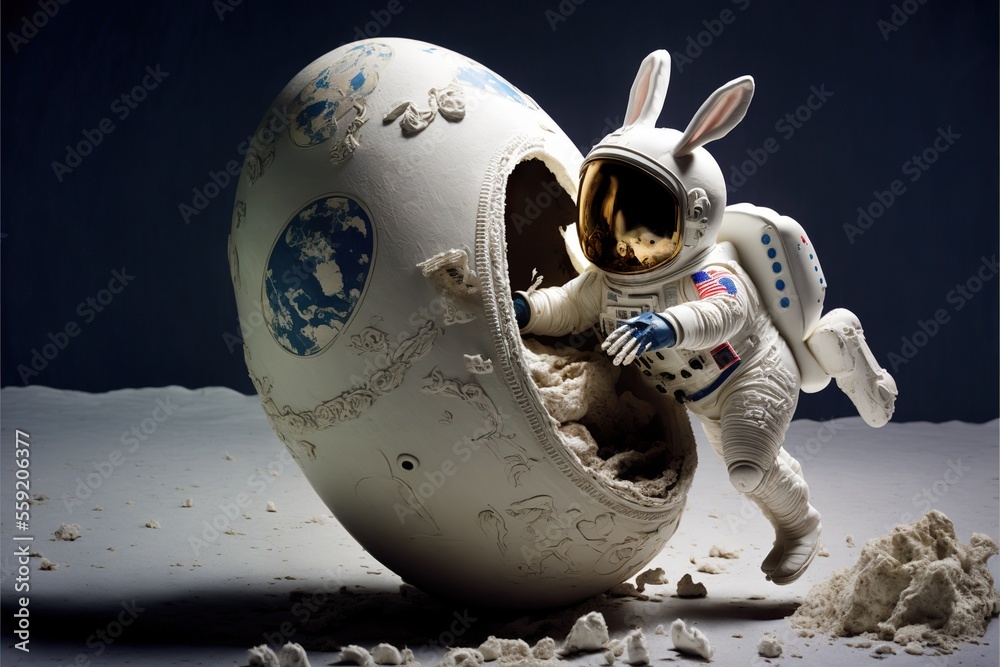 Wall mural easter bunny astronaut on moon exits space shuttle ma, created with generative ai technology