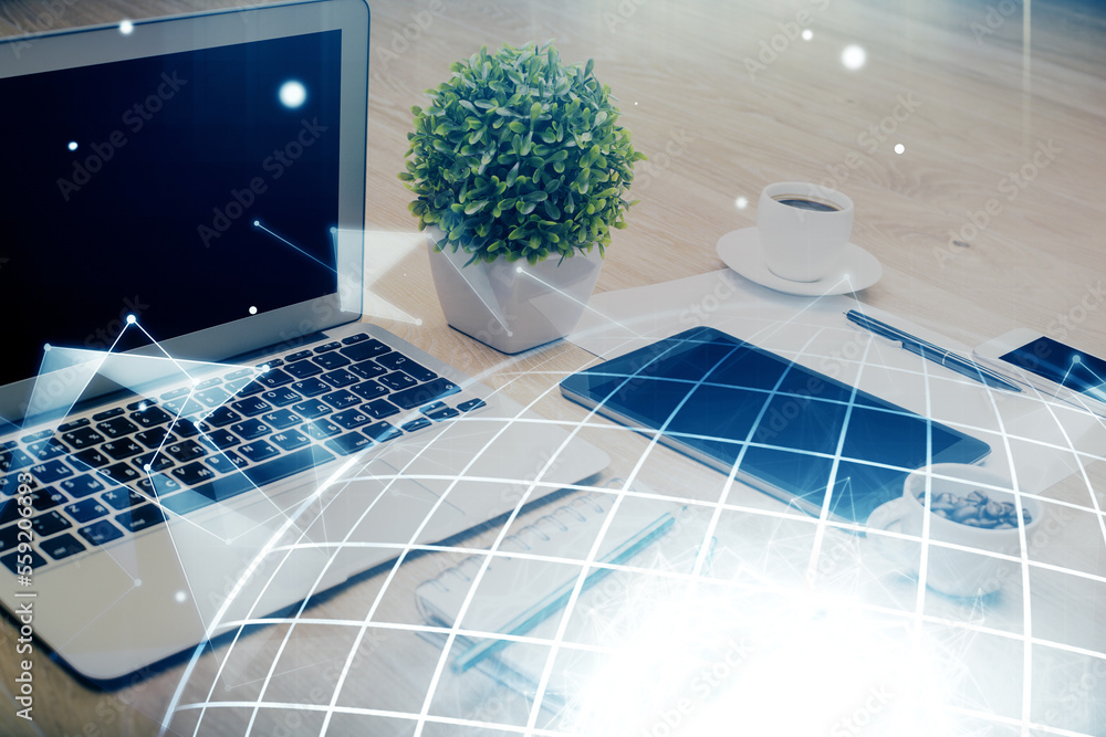 Fototapete Double exposure of desktop with computer and world map hologram. International data network concept.