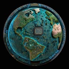 Earth from space with oceans covered by computer chips, concept of digital earth, digital twin, created with Generative AI technology