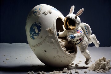Easter bunny astronaut on moon exits space shuttle ma, created with Generative AI technology - obrazy, fototapety, plakaty