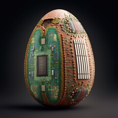 Easter egg covered by computer chips and electric circuits, technology in easter celebration, created with Generative AI technology