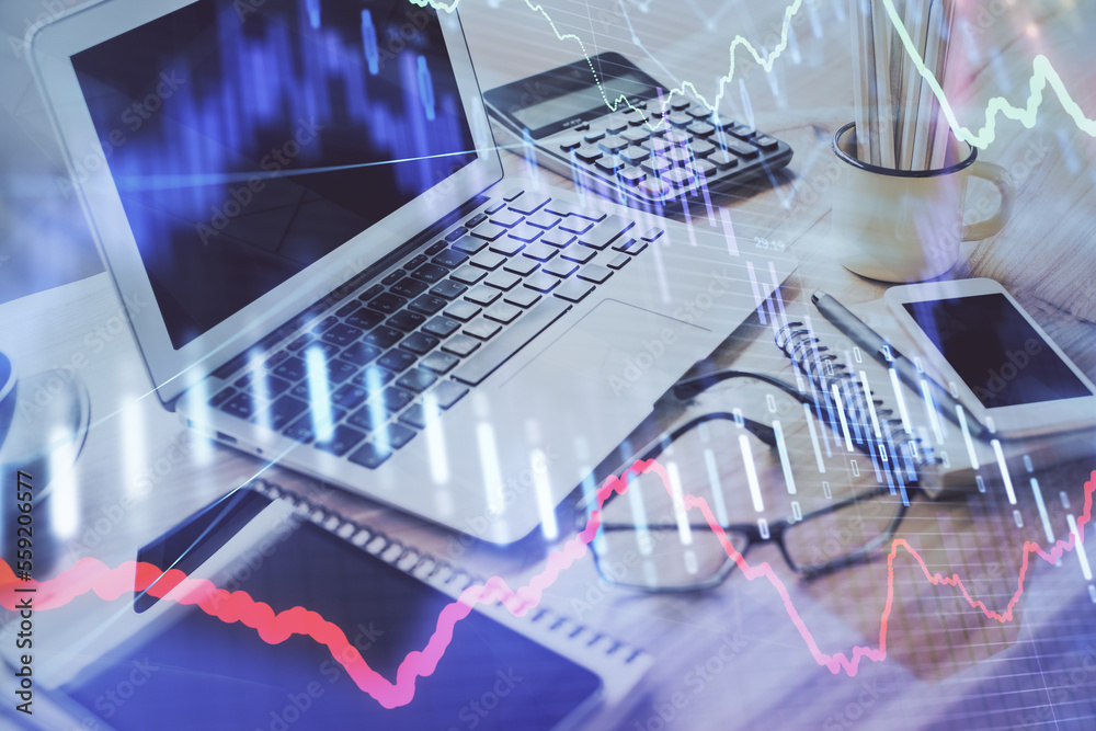 Poster Stock market graph on background with desk and personal computer. Multi exposure. Concept of financial analysis.