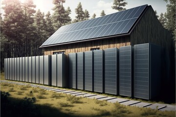 Naklejka premium House fence made of solar panels, created with Generative AI technology