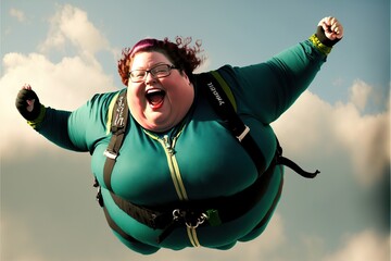 Joyful obese woman skydiving, created with Generative AI technology