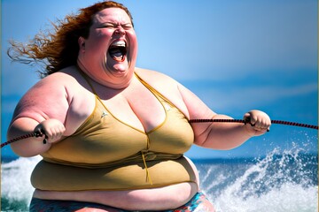 Joyful obese woman water skiing, created with Generative AI technology