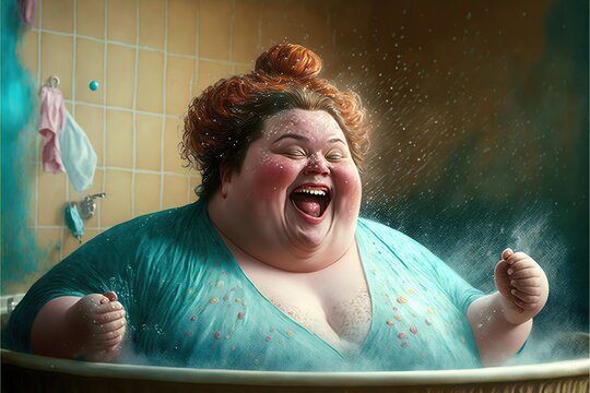 Joyful obese woman takes a bath, created with Generative AI technology
