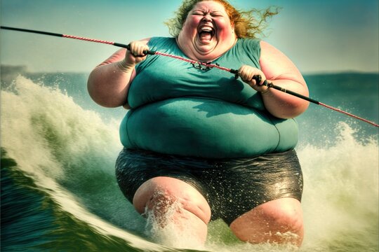 Joyful obese woman water skiing photo, created with Generative AI technology