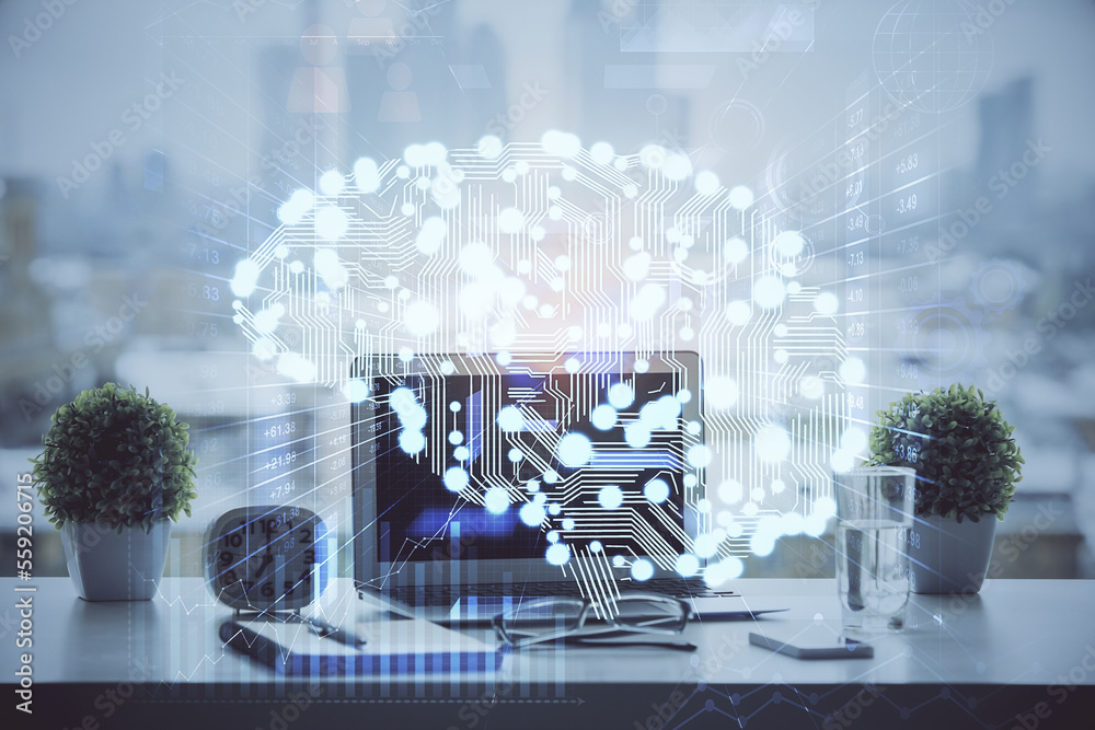 Poster Double exposure of desktop with computer and brain drawing hologram. Artificial intelligence concept.
