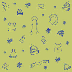 winter hats, mittens, scarves and snowflakes on beautiful background