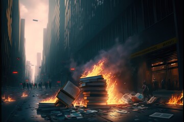 Book burning, Pile of burning books on the street, created with Generative AI technology - obrazy, fototapety, plakaty