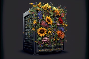 Server rack full of flowers, green computing, green technology, created with Generative AI technology