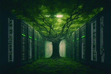 Server room full of grass and trees, green computing, green technology, created with Generative AI technology - obrazy, fototapety, plakaty