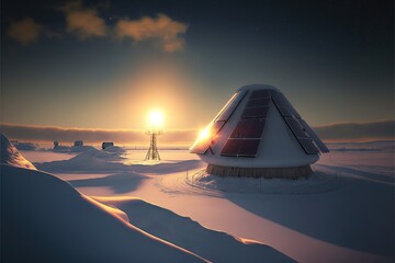 Solar panels at the north pole in winter, solar technology, hard lightning conditions,  created with Generative AI technology