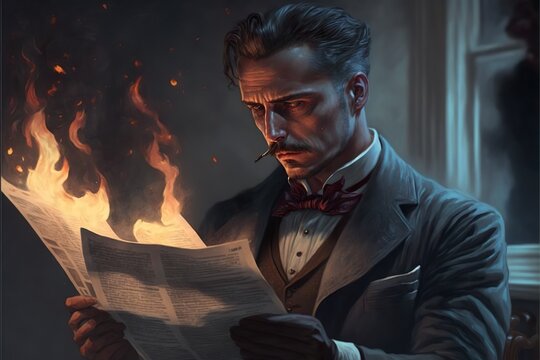 Serene gentleman reading a burning newspaper, terrible news, created with Generative AI technology