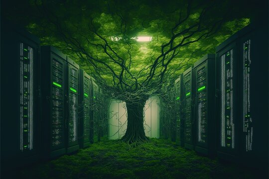 Server room full of grass and trees, green computing, green technology, created with Generative AI technology