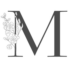 Floral Letter with Cherry Branch. Sakura Flower Alphabet for Wedding.