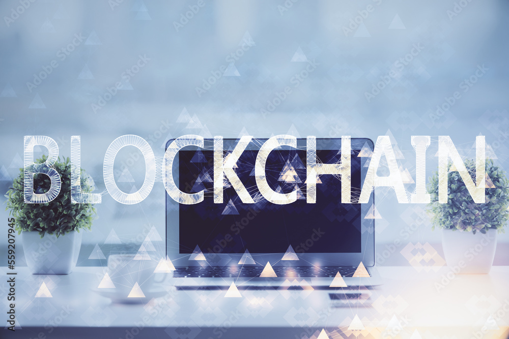 Aufkleber Double exposure of blockchain and crypto economy theme hologram and table with computer background. Concept of bitcoin cryptocurrency.