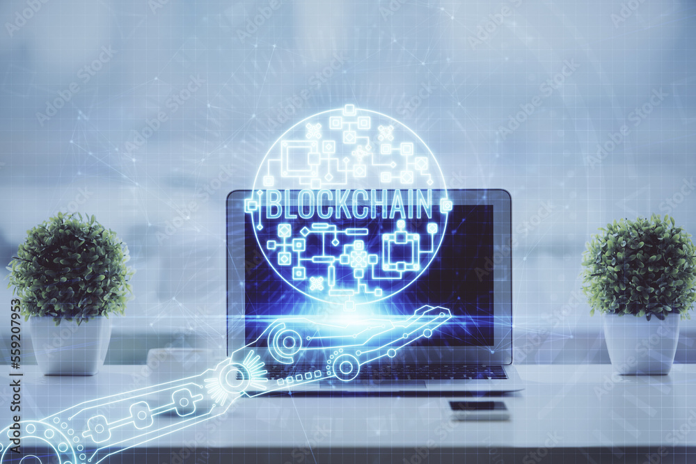 Poster Double exposure of blockchain and crypto economy theme hologram and table with computer background. Concept of bitcoin cryptocurrency.