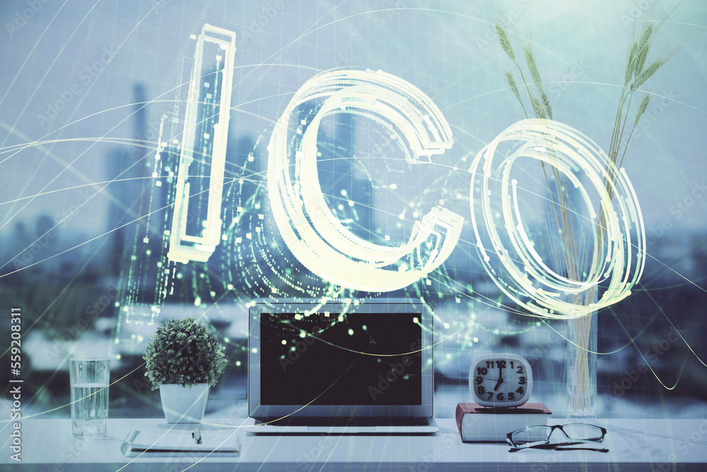 Poster Double exposure of blockchain and crypto economy theme hologram and table with computer background. Concept of bitcoin cryptocurrency.