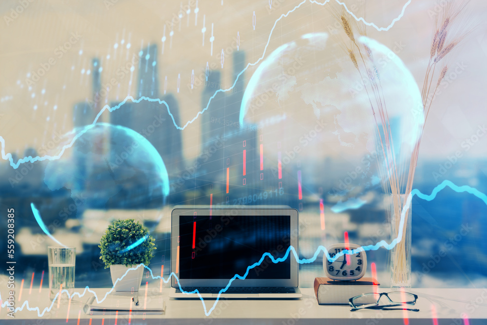 Poster Stock market graph on background with desk and personal computer. Multi exposure. Concept of financial analysis.