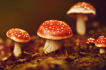 Red mushrooms in forest,  Generative AI