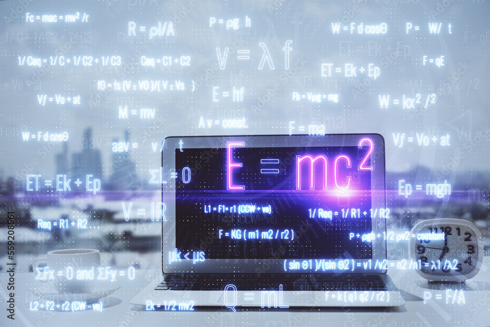 Poster desktop computer background and formula hologram writing. double exposure. education concept.
