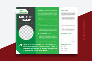 User Persona Document Template Vector Illustration. Examples of User Personas template. Persona Document. Persona Template for UI UX designer. User Persona vector horizontal template with double color