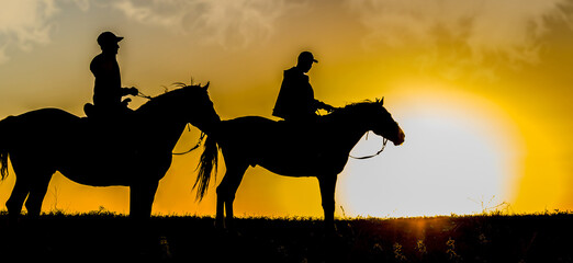 Silhouette of a rider on a horse against the backdrop of sunset