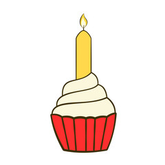 Cupcake with candle. Flat icon. Vector illustration