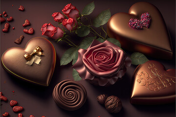 valentine's day background of roses, chocolate and hearts