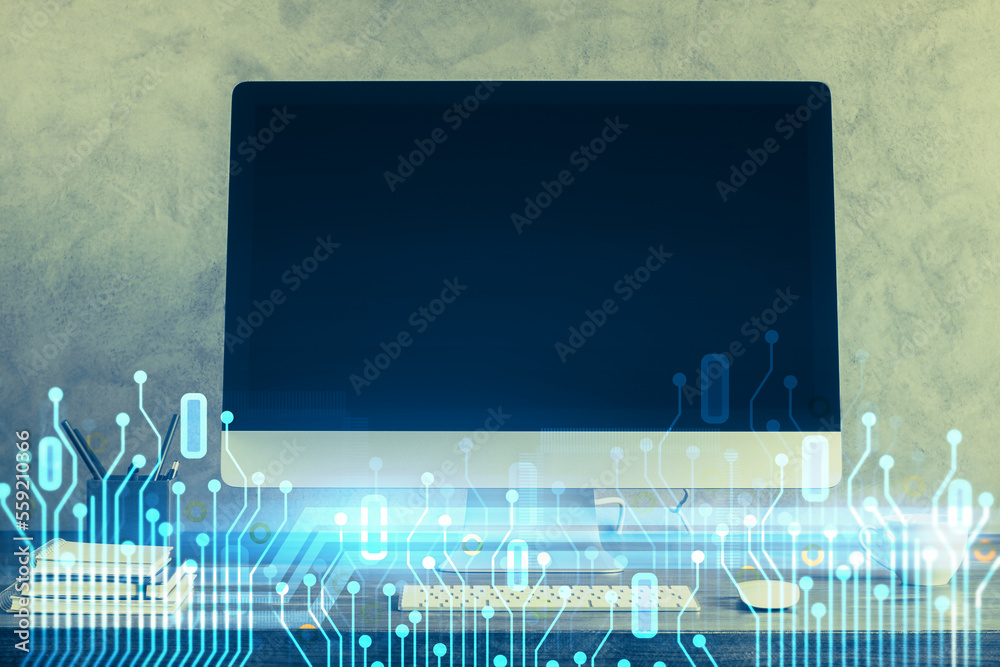 Poster Double exposure of computer and technology theme hud. Concept of innovation.