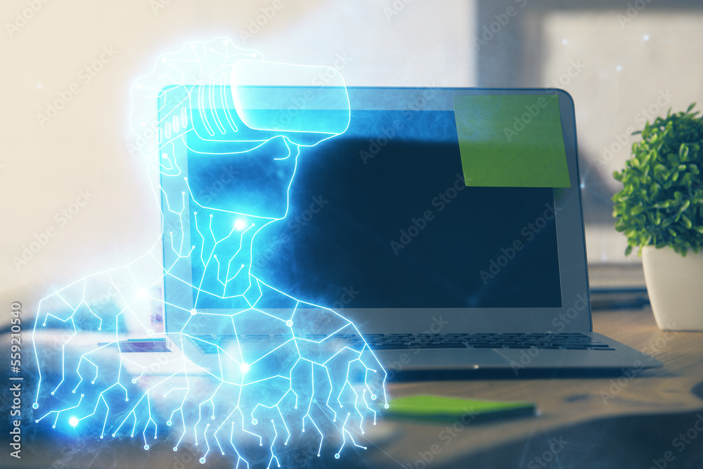 Poster Computer on desktop with AR theme icon. Multi exposure. Concept of augmented reality.