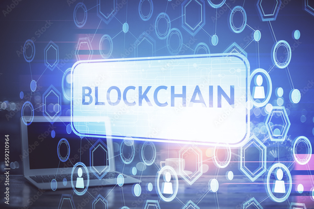 Poster Multi exposure of blockchain theme hologram and table with computer background. Concept of bitcoin crypto currency.
