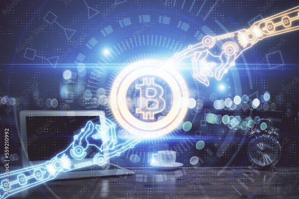 Poster Multi exposure of blockchain theme hologram and table with computer background. Concept of bitcoin crypto currency.