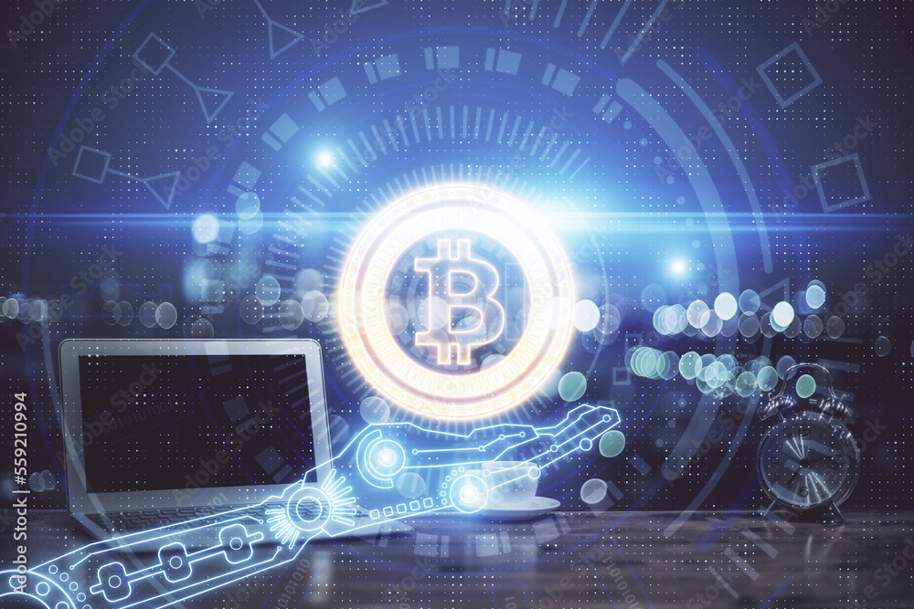 Poster multi exposure of blockchain theme hologram and table with computer background. concept of bitcoin c
