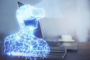 Computer on desktop with AR theme icon. Multi exposure. Concept of augmented reality.