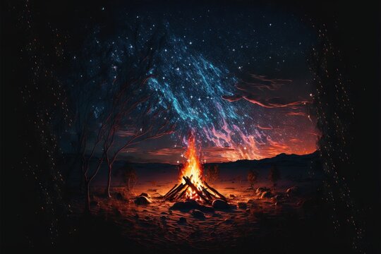 a campfire with a sky filled with stars and a night sky filled with stars and a fire pit with a campfire in the middle of the ground, with a few trees and a few stars.